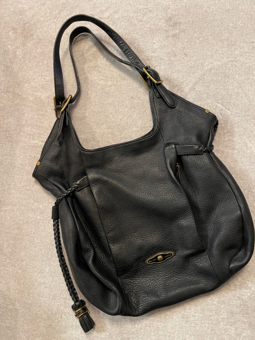 Elliott Lucca Black Pebbled Leather Slouchy Hobo Bag Braided Tassel Boho